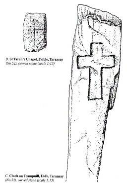 Fig. H7.5. The two cross-incised stones from Tarasaigh (Fisher 2002, 113) - click for a larger image