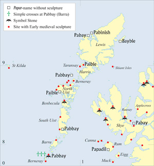 Fig.Intro.2. Papar-names and sculpture sites in the Hebrides (excludes North Rona, 72km. n.n.e. of Lewis) (map by Kevin MacLeod, from Fisher, 2002) - click for a larger image