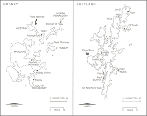 Intro.3 Map of papar names in Orkney and Shetland (from The ‘papar’ in the North Atlantic 2002) (BEC) - click for a larger image