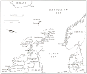 Intro.1 Map of North Atlantic (from The 'papar' in the North Atlantic 2002) (BEC) - click for a larger image