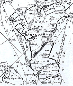 O4.1 Murdoch MacKenzie's Map of Paplay, S. Ronaldsay 1750 (from Thomson, 1996) - click for a larger image